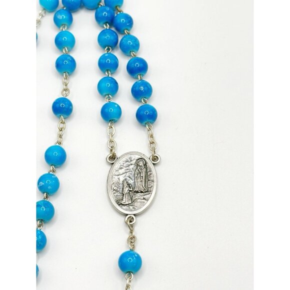 Turquoise Blue & Silvertone Italy Pray For Us Rosary 18” - Picture 4 of 7